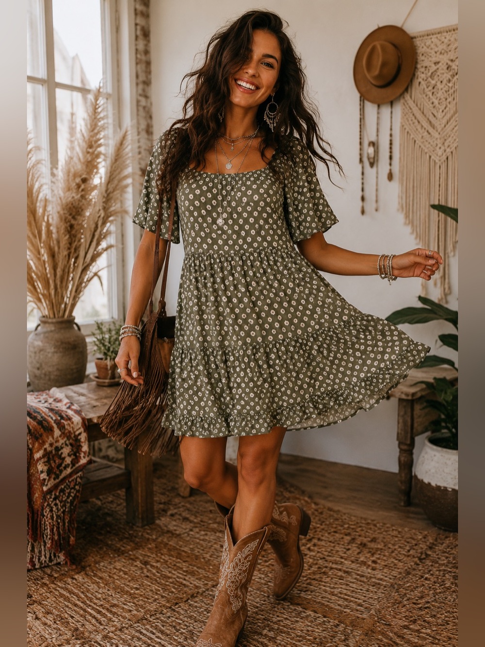 Maurices Women’s M Olive Green Floral Tiered Babydoll Dress Square Neck Rayon